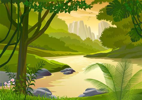 Free Vectors: Forest Side River Cartoon Landscape | Vector Background