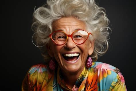 Premium AI Image | Portrait of happy senior woman in glasses Laughing old woman with hairstyle ...