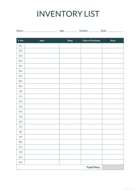 Vehicle Inventory List Template Printable