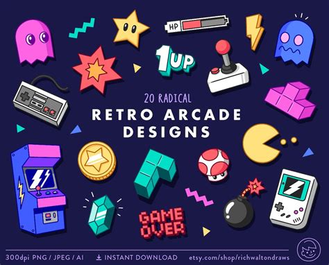 Retro Arcade Clip Art, Retro Gaming Clipart, Video Game Clip Art, Computer Game Clipart, Vector ...