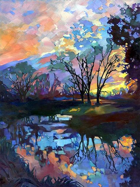 an oil painting of trees and water at sunset with the sky reflected in the water