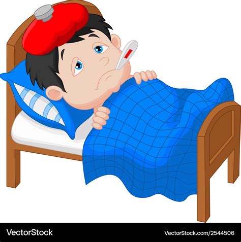 Cartoon sick boy lying in bed Royalty Free Vector Image