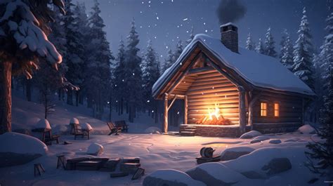 an enchanting desktop wallpaper featuring a cozy winter cabin in the woods with a roaring fire ...