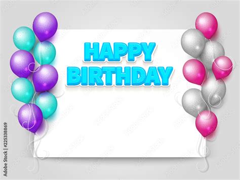 Happy Birthday greeting card vector template with blank paper sheet and flying realistic ...