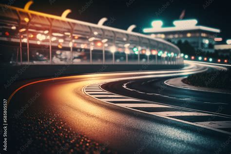 Nighttime curved asphalt race track with illuminated stadium. High-speed racing at night on ...