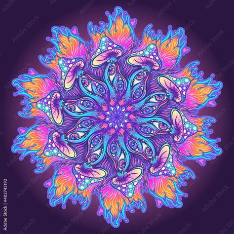 Magic mushrooms mandala. Psychedelic hallucination. Vibrant trippy vector illustration. 60s ...