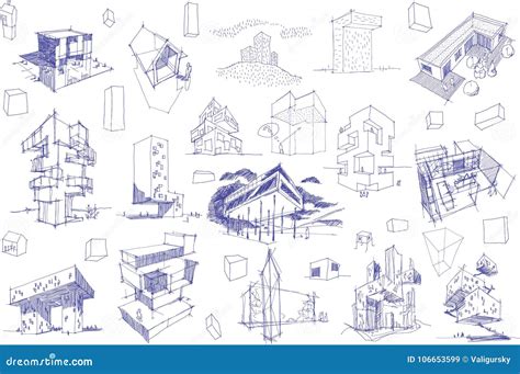 Many Architectural Sketches of a Modern Abstract Architecture and Geometric Objects Stock Vector ...