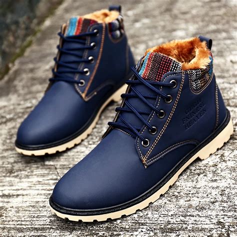 Men Winter Boots Waterproof Fashion Blue Boots with Fur Warm Lace Up Cheap Casual Flat Boots ...