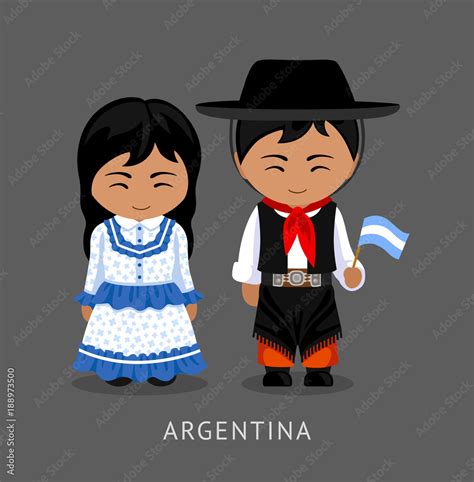 Argentines in national dress with a flag. Man and woman in traditional costume. Travel to ...