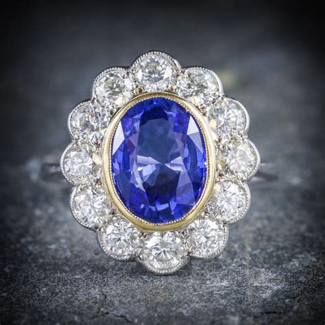 Sapphire Diamond Cluster Ring 18ct Gold 3.20ct Sapphire – Antique Jewellery Online