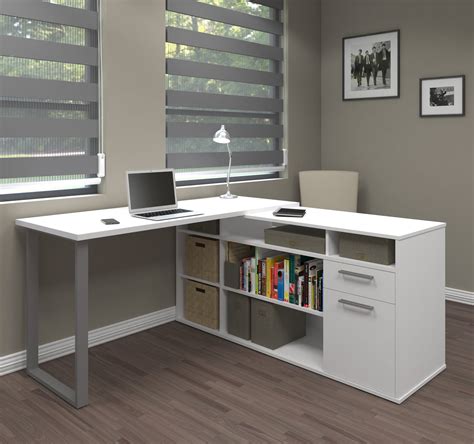 Industrial White L-shaped Desk with Integrated File & Open Storage - OfficeDesk.com