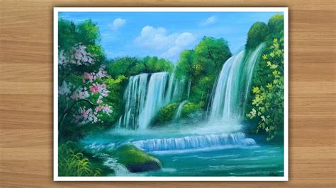 Step by step waterfall landscape painting for beginners - YouTube