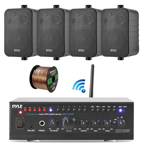 Pyle WiFi Bluetooth Stereo Amplifier 240-Watt Home Theatre Receiver, 2x Enrock 4" 200-Watt 3-Way ...