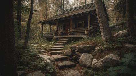 Rustic Log Cabin In The Woods With Steps Leading To It Background, Picture Of Cabin, Cabin ...