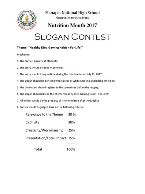 Nutrition Month Slogan Contest Mechanics | PDF