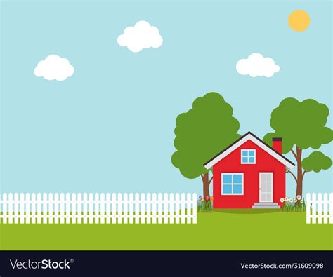 House with trees and flowers flat background Vector Image