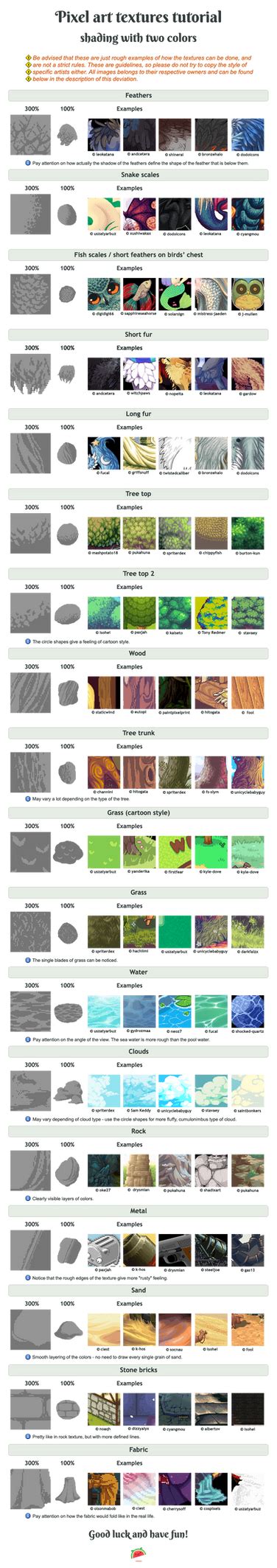 Pixel art tutorial - shading / textures + examples by UszatyArbuz on DeviantArt
