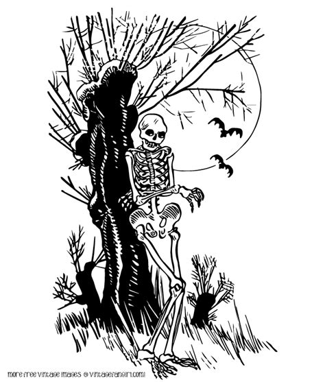 Creepy Black and White Halloween Skeleton Illustration - Click for full page printable vintage art