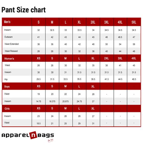 Pant Size Chart | ApparelnBags.com