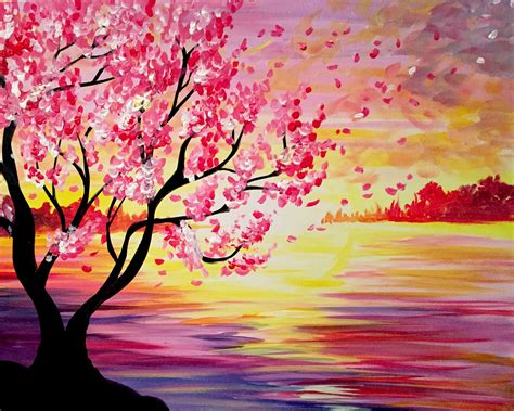 Sunset Cherry Blossoms at Joes Crab Shack - Paint Nite Events | Cherry blossom painting, Night ...