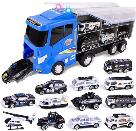 Fun Little Toys 12 in 1 Die cast Police Car Toy, Truck Toy Set in Carrier Truck F 537 Police ...