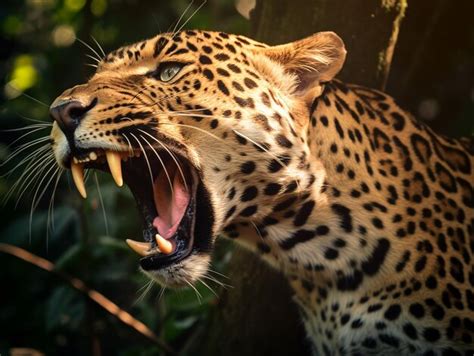 Premium AI Image | detailed close up portrait of a roaring leopard