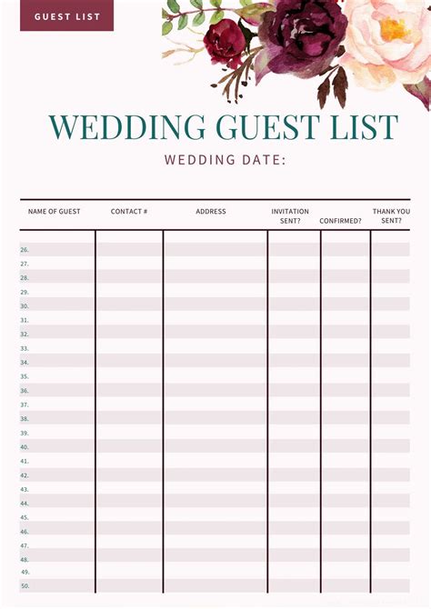 Template For Wedding Guest List