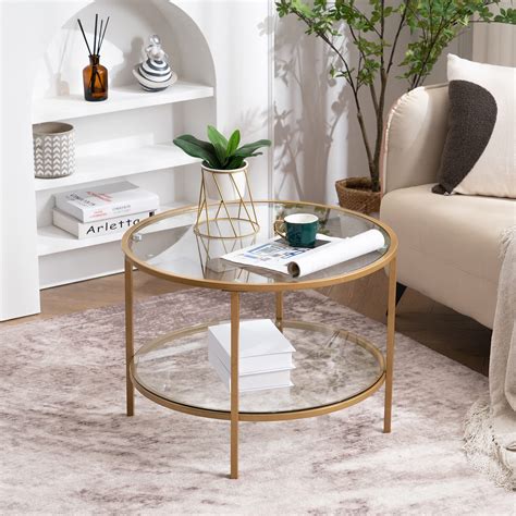 Buy VINGLI 25.6" Round Gold Coffee Tables for Living Room, 2-Tier Glass Top Coffee Table with ...