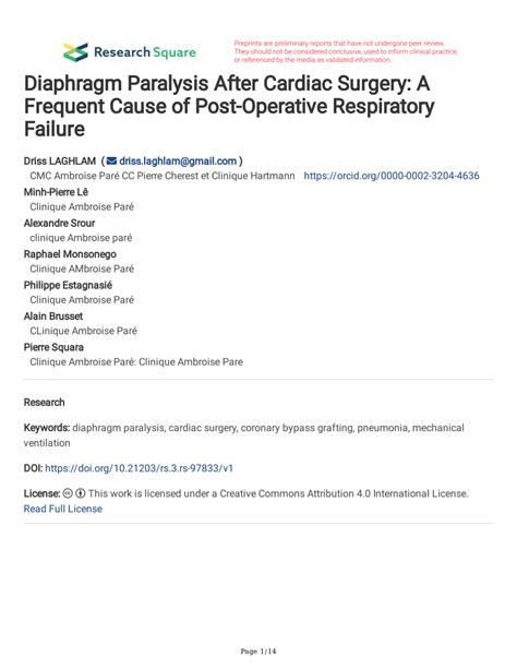 (PDF) Diaphragm Paralysis After Cardiac Surgery: A Frequent Cause of Post-Operative Respiratory ...