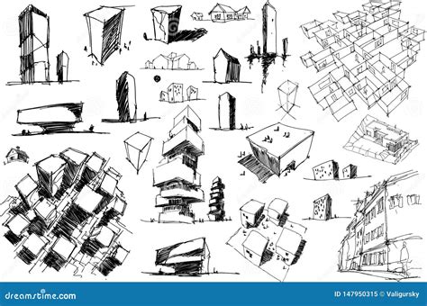 Many Architectural Sketches of a Modern Abstract Architecture and Geometric Objects Stock Vector ...