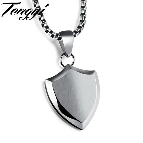 TENGYI Smooth Shield Pendant Men Necklaces Personality Can Engraved Stainless Steel Jewelry ...