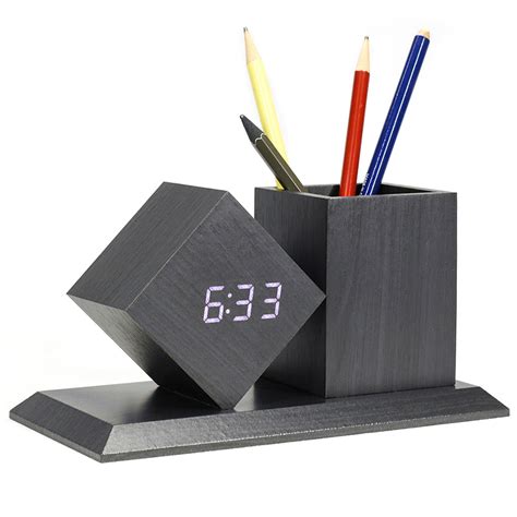 Kh-Wc010 MDF Office Table Desk Wooden Pen Holder Digital LED Alarm Clock with Calendar ...