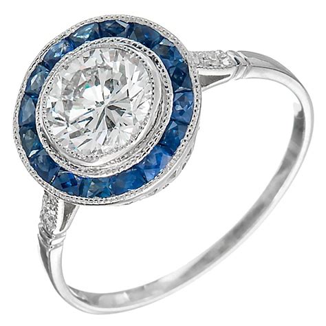 Diamond Sapphire Halo Platinum Engagement Ring For Sale at 1stdibs