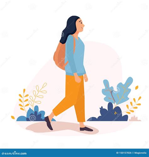 Happy Young Woman Walking Outside Around the City with Backpack. Vector Character Illustration ...