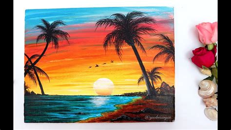 STEP by STEP Sunset Beach Landscape Painting for Beginners Using Acrylic Colours - YouTube