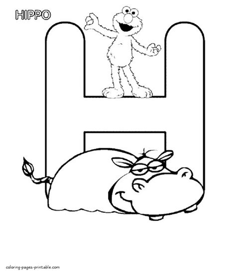 Elmo, a hippo and the letter H coloring page || COLORING-PAGES-PRINTABLE.COM