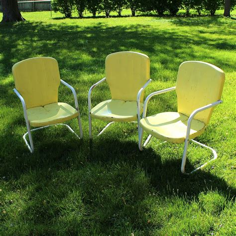 Three Vintage Yellow Metal Patio Chairs | EBTH