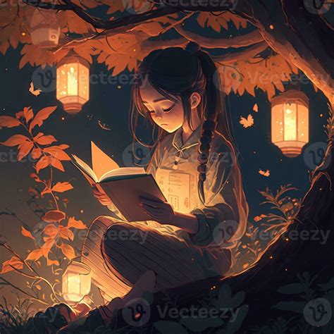 anime girl reading a book under a tree with lanterns. generative ai. 28452051 Stock Photo at ...