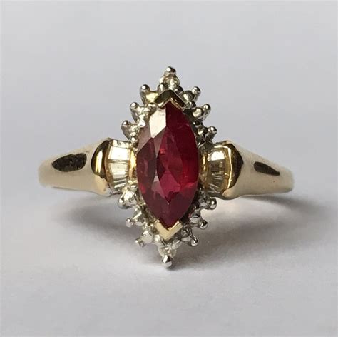 Vintage Ruby Ring. Diamond Halo. 14K Solid Yellow Gold Setting. Unique Engagement Ring. July ...