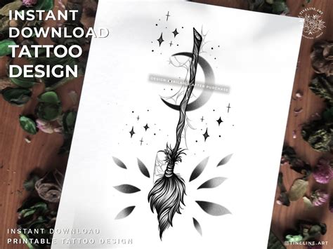 Tattoo Design Spooky Witch Broom With Moon Feminine,fineline Black/grey Instant Download and ...