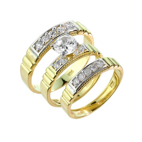 Gold CZ Wedding Ring Set (3-Piece)