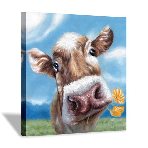 LIVEDITOR Farm Animal Cute Cow Biting Flowers Painting on Canvas Wall Art for Living Room (24 ...