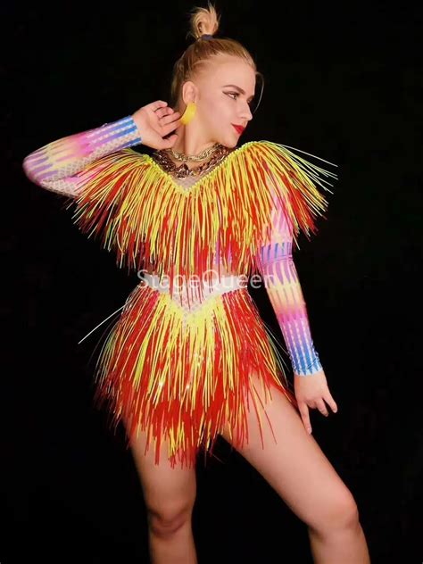 Neon Orange Dance Bodysuit Women Singer Stage Wear Outfit Nightclub Show Leotard Party Colorful ...