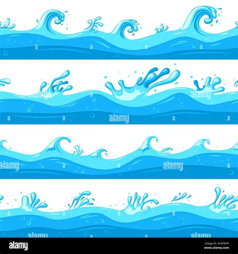 Cartoon sea waves. Ocean flow, game wave flat clipart. Cartoon blue sea or river surface, water ...