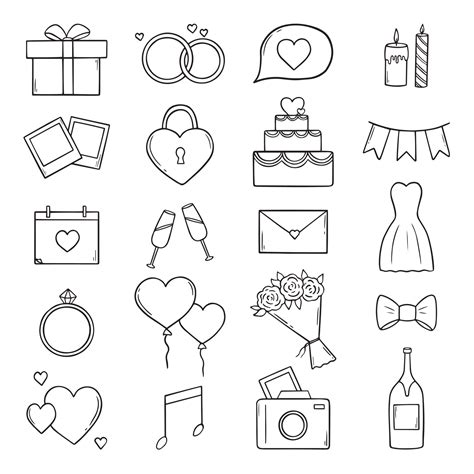 Hand drawn set of wedding doodle icons. Wedding symbols in sketch style for invitations ...