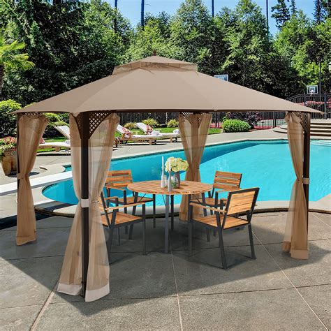 Costway 12' x 10' Outdoor Patio Gazebo Canopy Shelter Double Top Sidewalls Netting Brown ...