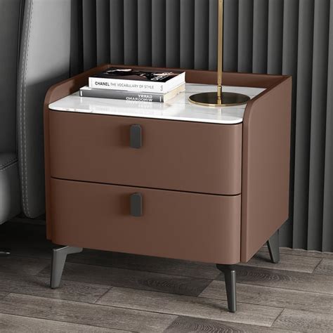 Brown Modern Nightstand with 2 Drawers Bedroom Nightstand Faux Marble Top | Homary