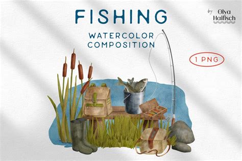 Watercolor Fishing Clipart. Camping Scene PNG