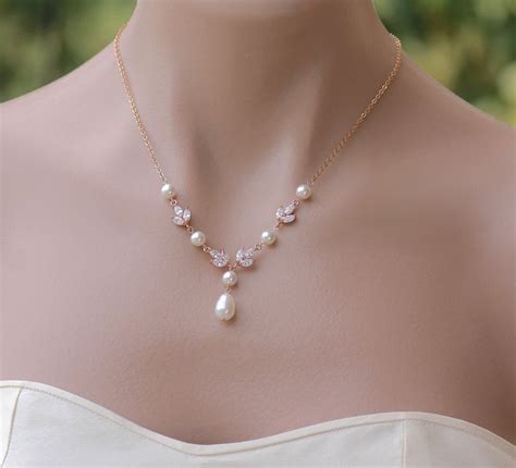 Rose Gold Crystal & Pearl Necklace Rose Gold Bridal Necklace - Etsy