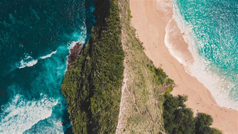 ocean, aerial view, surf, wave, foam, sand, shore, 4k HD Wallpaper